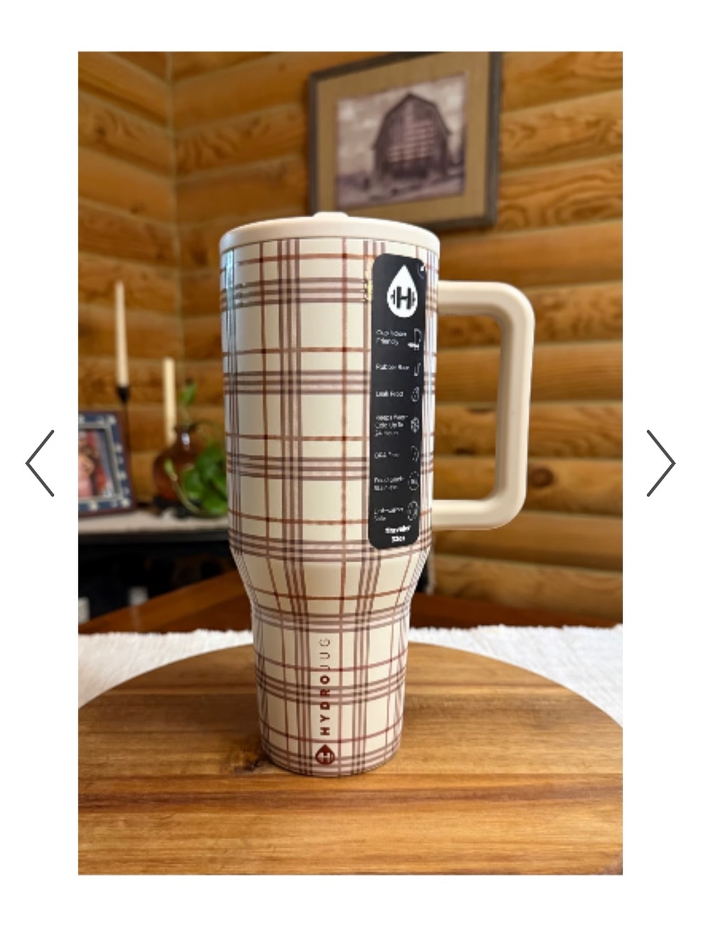 HydroJug Cream Plaid Insulated Travel Mug with Handle